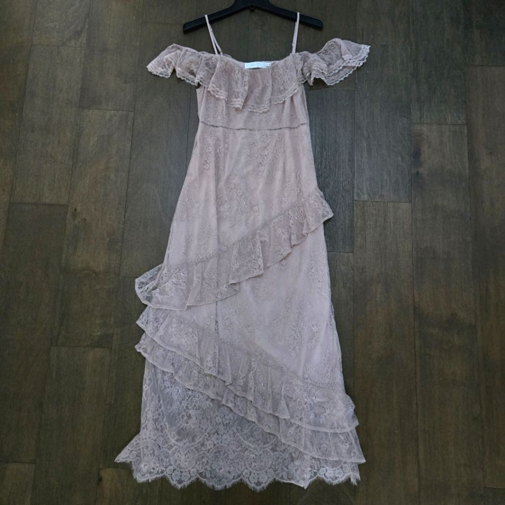 Off-Shoulder Ruffle Lace Maxi Dress - Blush
